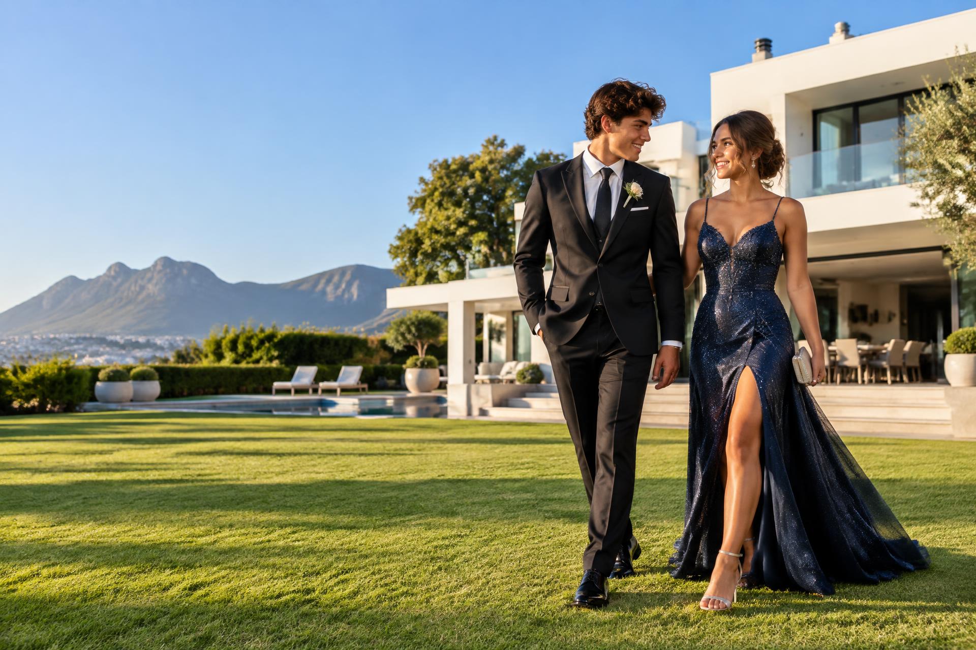 Matric dance couple walking across a sunlit lawn at home